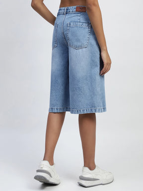 Blue Solid Cotton Blend Loose Fit Culottes