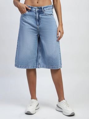 Blue Solid Cotton Blend Loose Fit Culottes