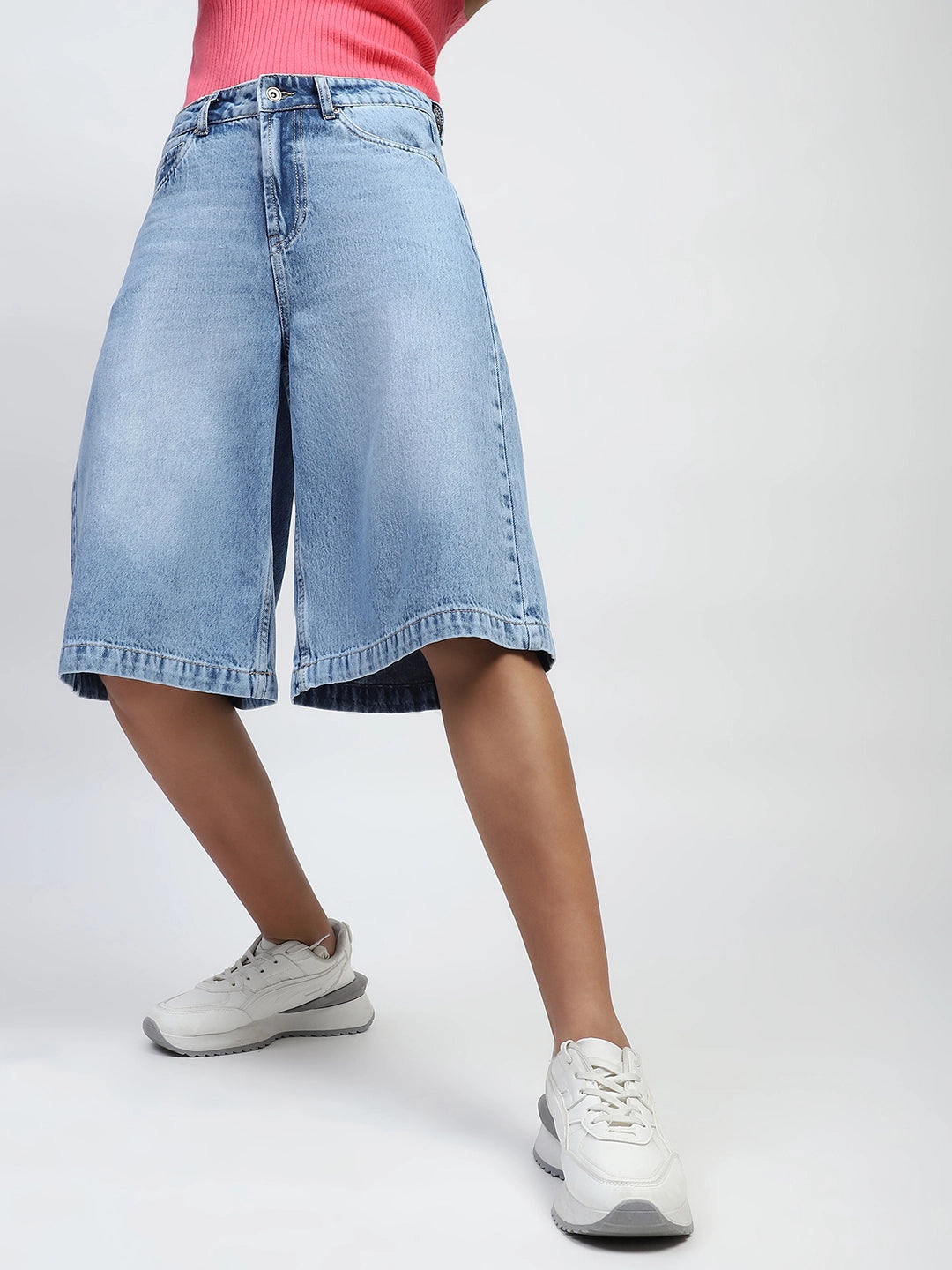 Blue Solid Cotton Blend Loose Fit Culottes