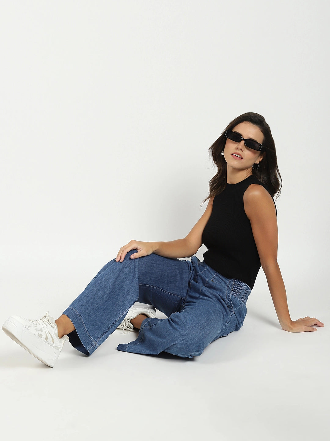 Blue Solid Cotton Blend Lower