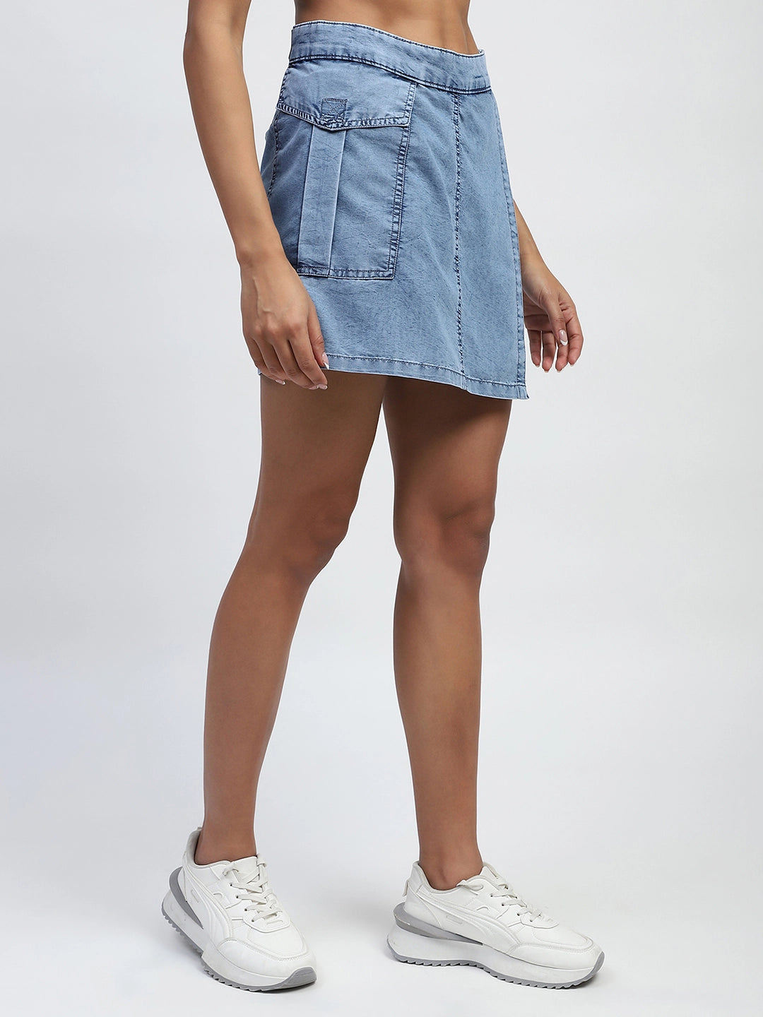 Light Blue Solid Cotton Blend Relaxed Fit Shorts