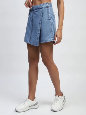 Light Blue Solid Cotton Blend Relaxed Fit Shorts