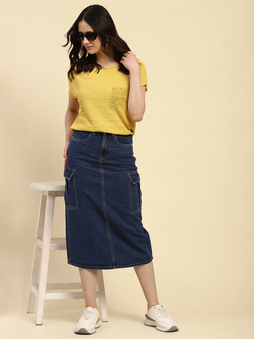 Blue Solid Cotton Blend Slim Fit Skirt