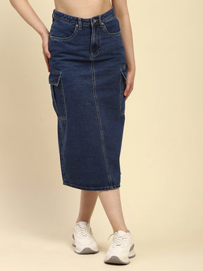 Blue Solid Cotton Blend Slim Fit Skirt