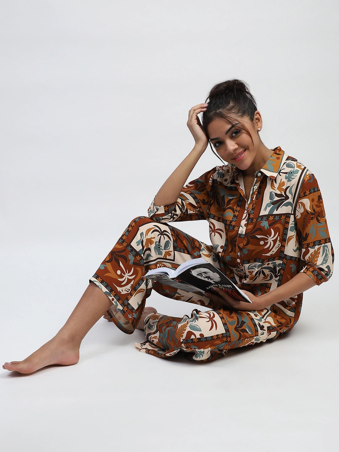 Brown Digital Print Rayon Loose Fit Shirt