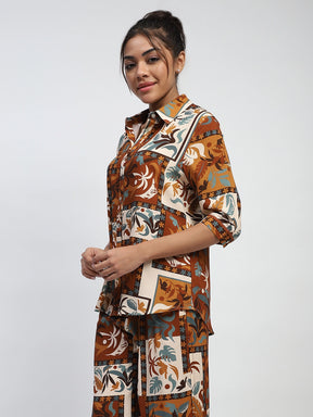 Brown Digital Print Rayon Loose Fit Shirt