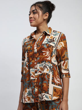 Brown Digital Print Rayon Loose Fit Shirt