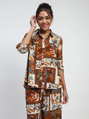 Brown Digital Print Rayon Loose Fit Shirt