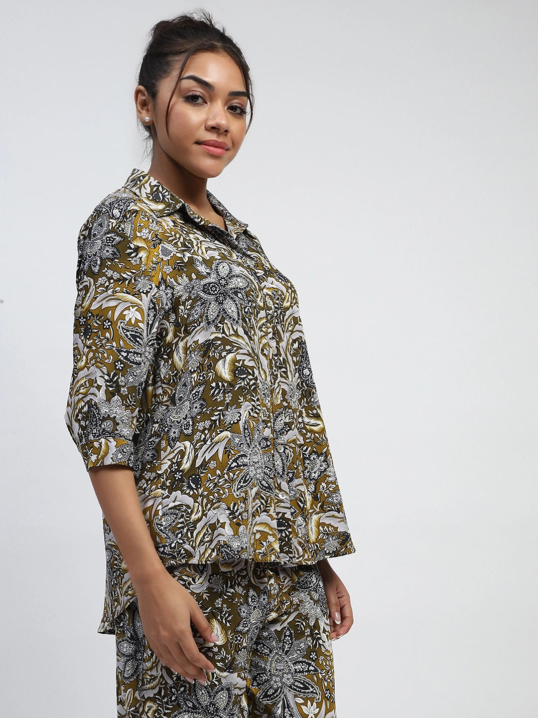 Olive Floral Print Rayon Loose Fit Shirt