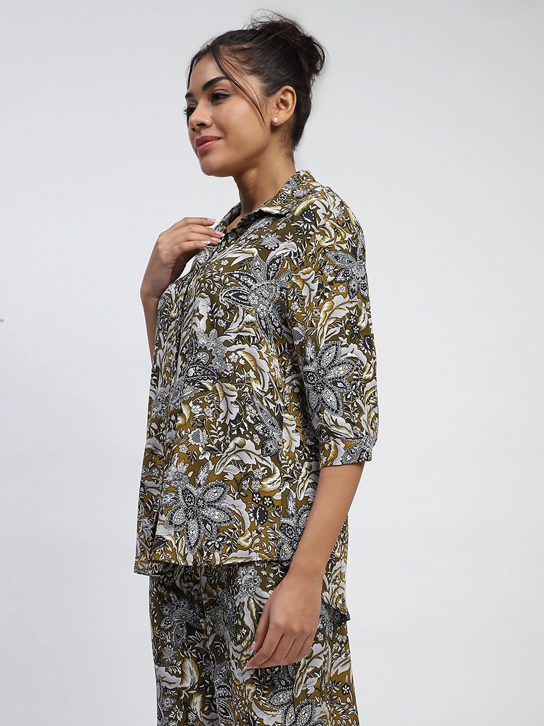 Olive Floral Print Rayon Loose Fit Shirt