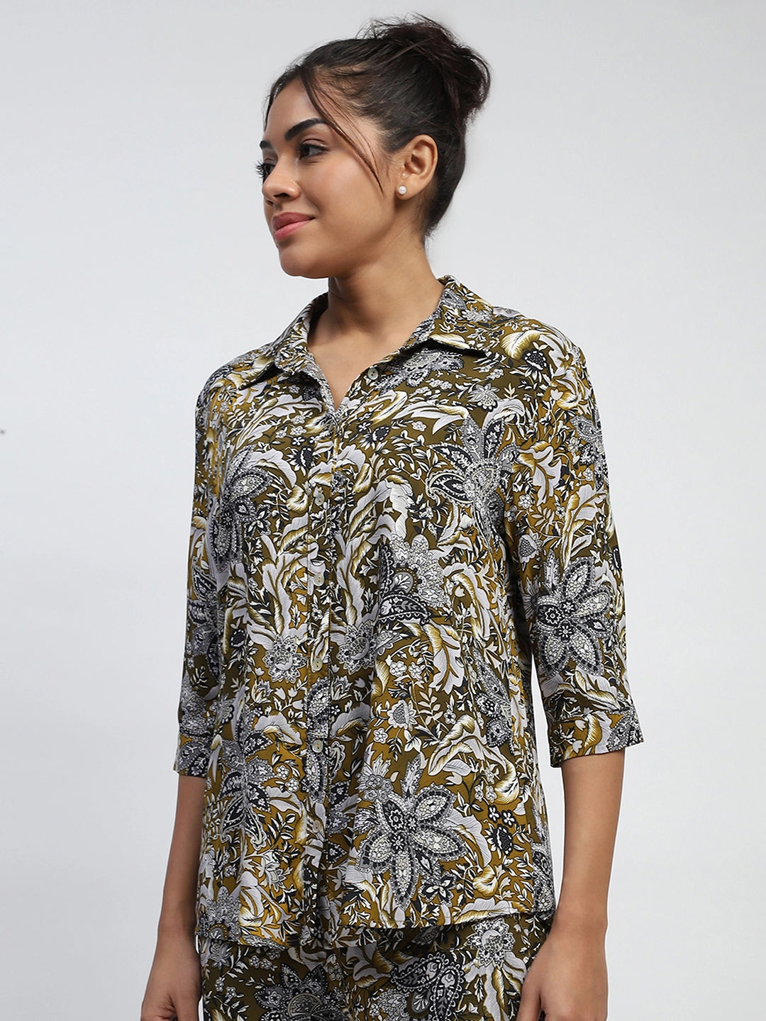 Olive Floral Print Rayon Loose Fit Shirt