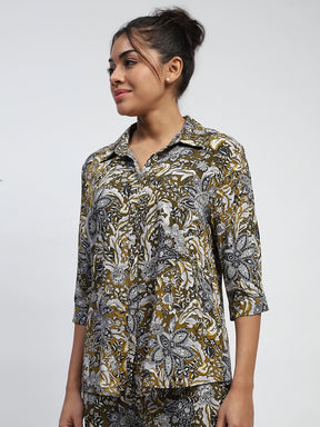 Olive Floral Print Rayon Loose Fit Shirt