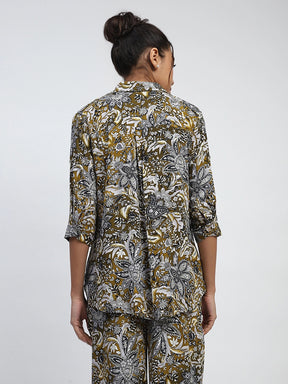 Olive Floral Print Rayon Loose Fit Shirt