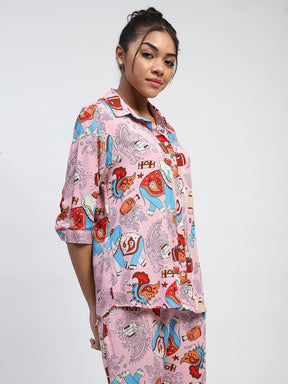 Pink Graphic Print Rayon Loose Fit Shirt