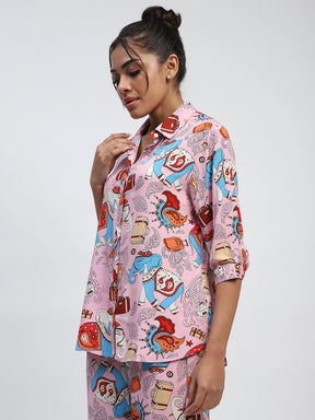 Pink Graphic Print Rayon Loose Fit Shirt