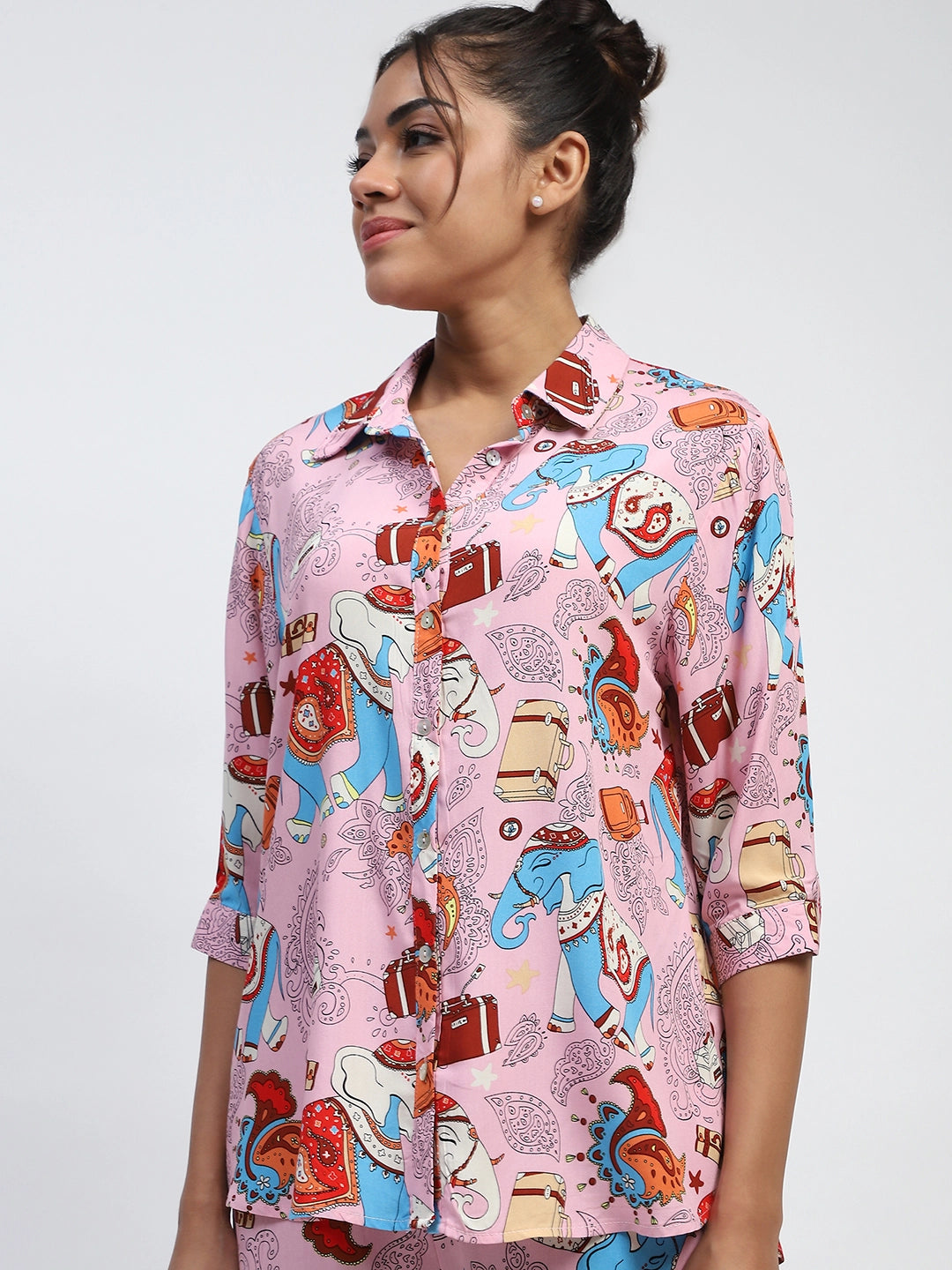 Pink Graphic Print Rayon Loose Fit Shirt