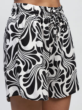 Black And White Abstarct Print Rayon Loose Fit Shorts