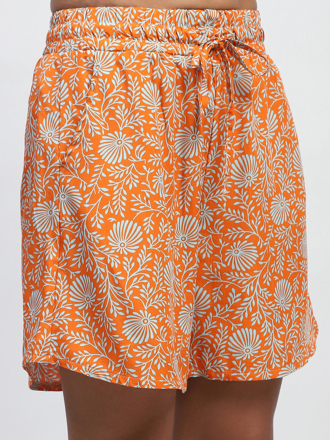 Orange Floral Print Rayon Loose Fit Shorts