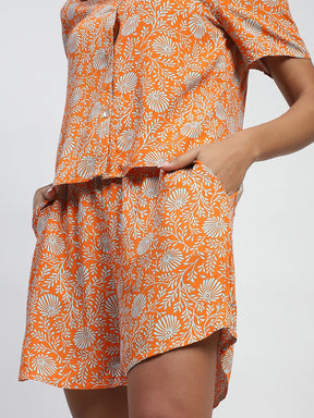 Orange Floral Print Rayon Loose Fit Shorts