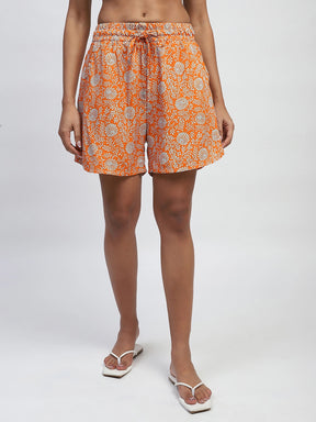 Orange Floral Print Rayon Loose Fit Shorts