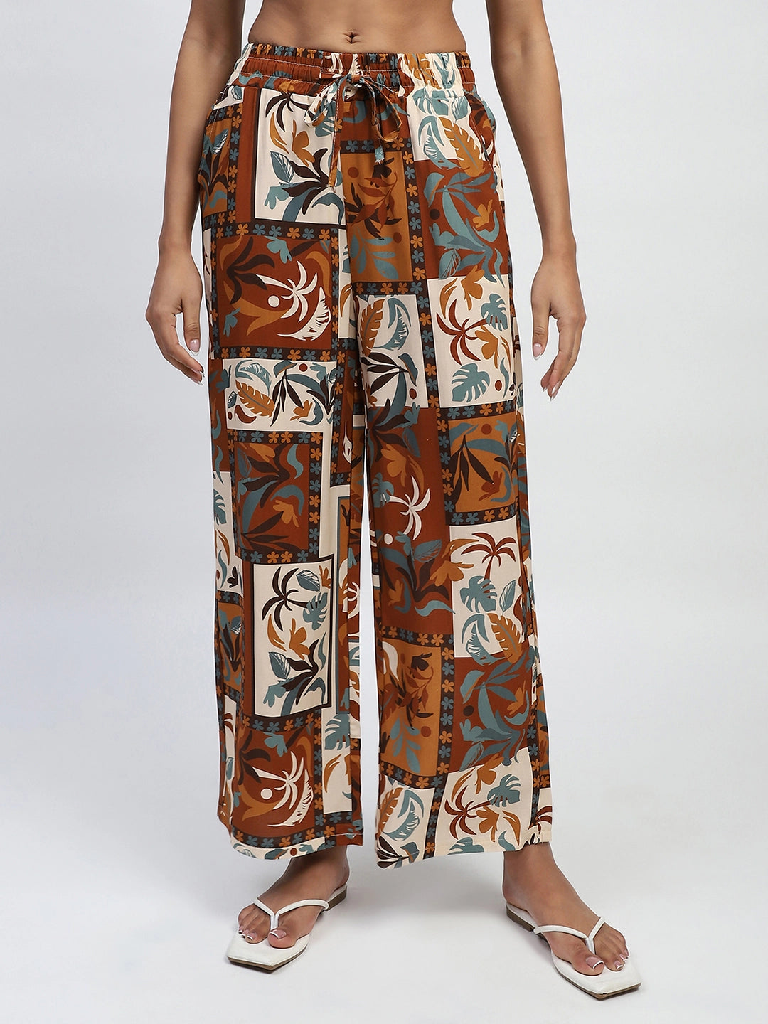 Brown Digital Print Rayon Loose Fit Lower