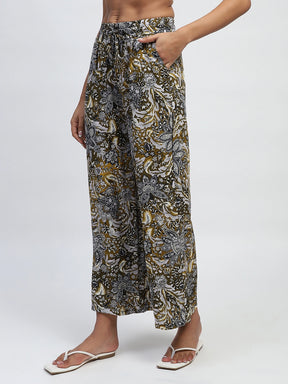 Olive Floral Print Rayon Loose Fit Lower