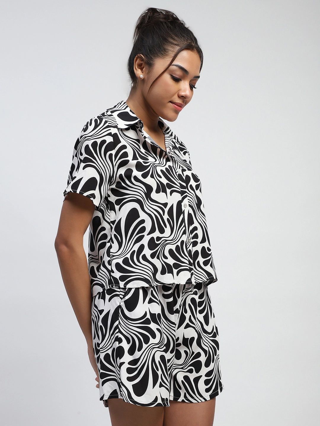 Black And White Abstarct Print Rayon Loose Fit Shirt