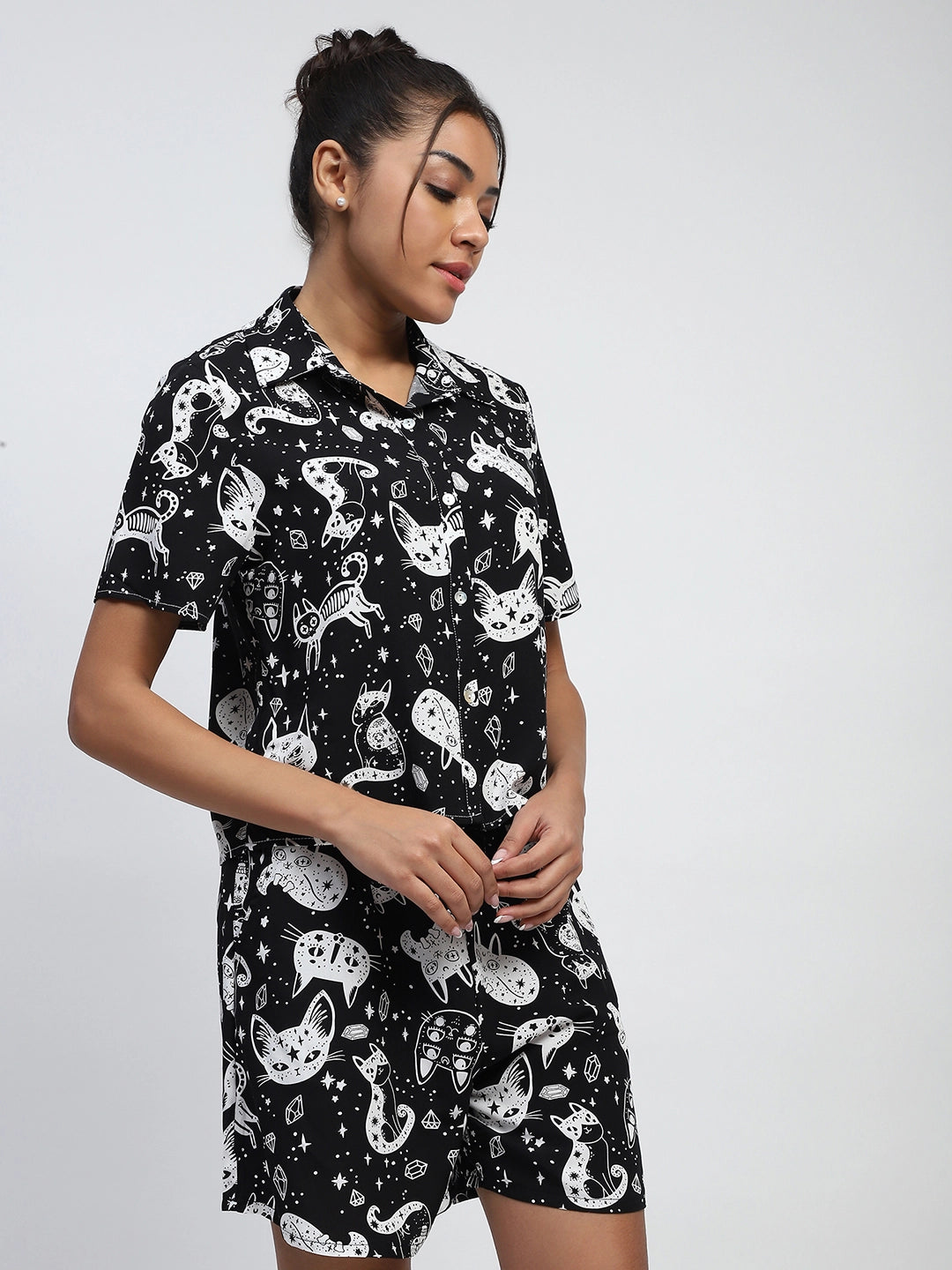 Black Abstarct Print Rayon Loose Fit Shirt