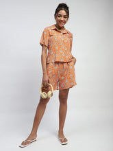 Orange Floral Print Rayon Loose Fit Shirt