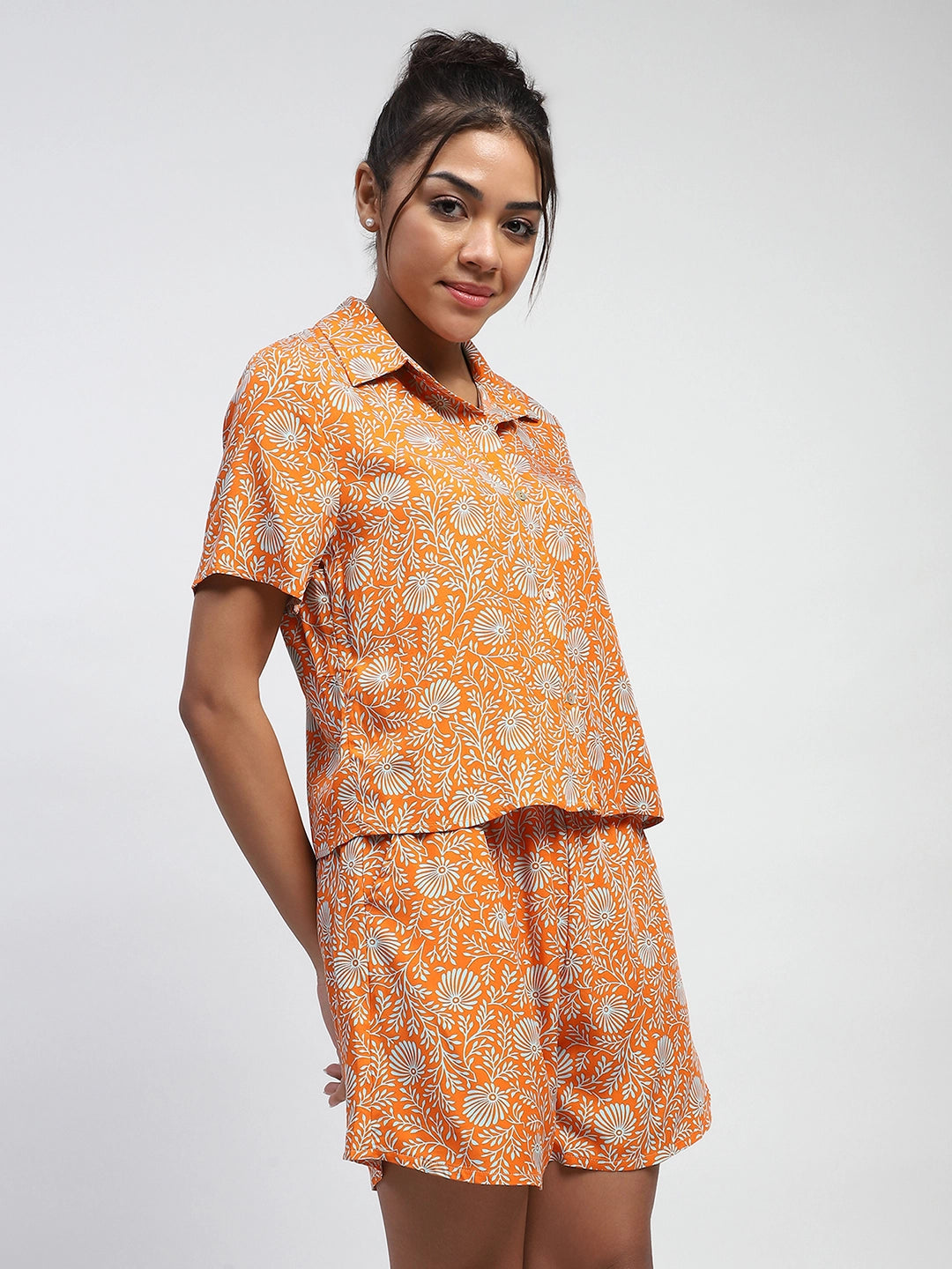 Orange Floral Print Rayon Loose Fit Shirt