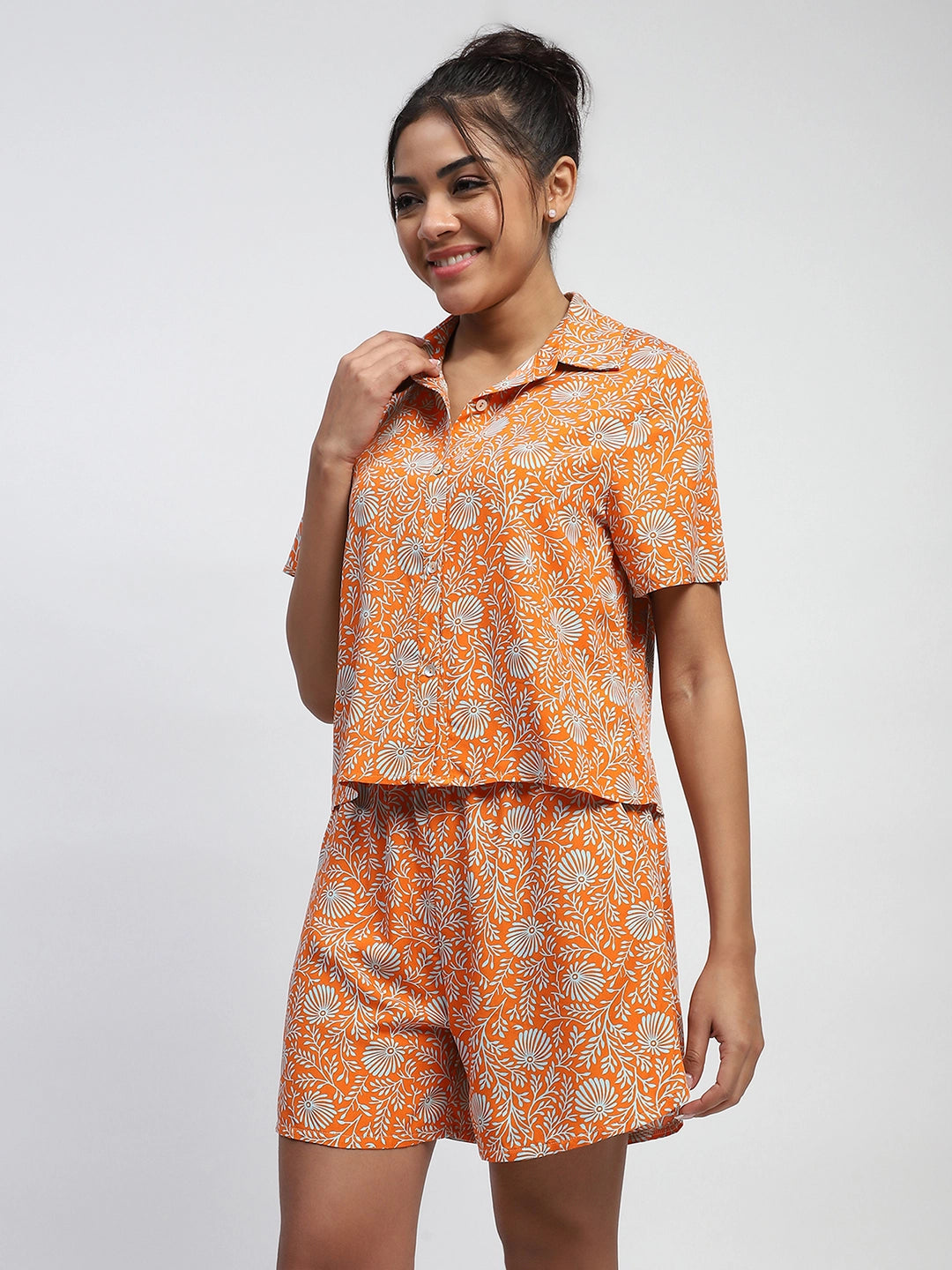 Orange Floral Print Rayon Loose Fit Shirt