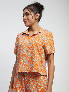 Orange Floral Print Rayon Loose Fit Shirt