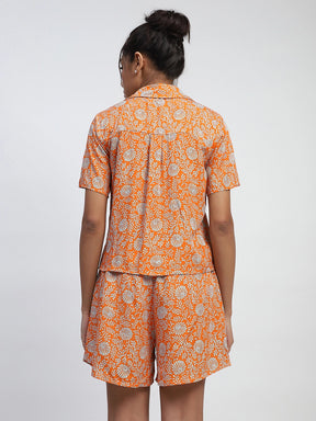 Orange Floral Print Rayon Loose Fit Shirt