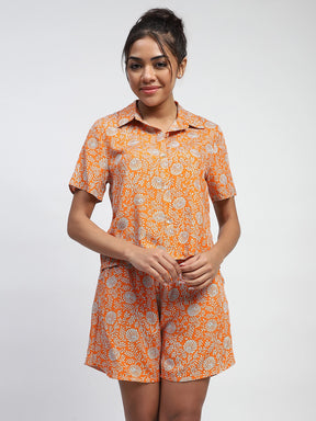 Orange Floral Print Rayon Loose Fit Shirt