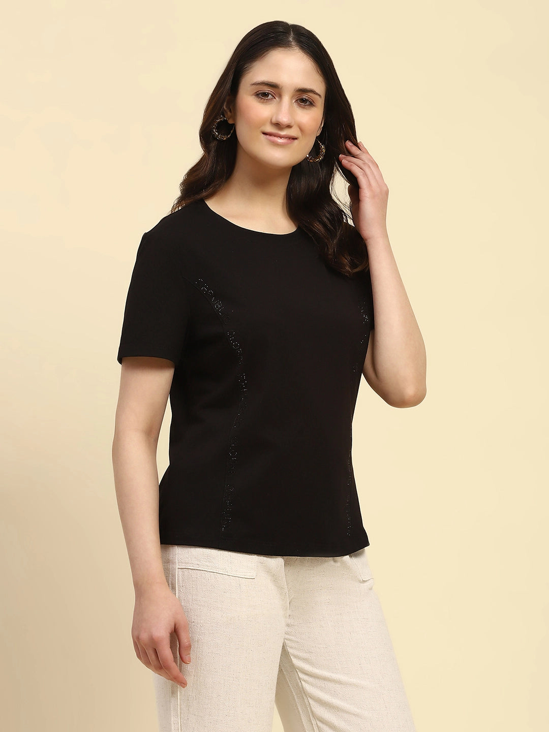 Black Embroidered Cotton Relaxed Fit Top