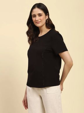 Black Embroidered Cotton Relaxed Fit Top