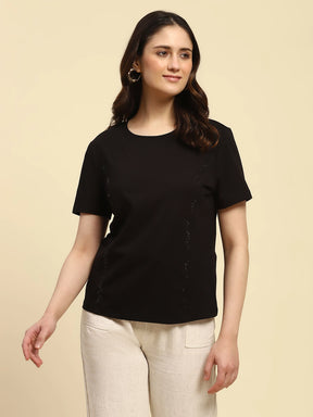 Black Embroidered Cotton Relaxed Fit Top