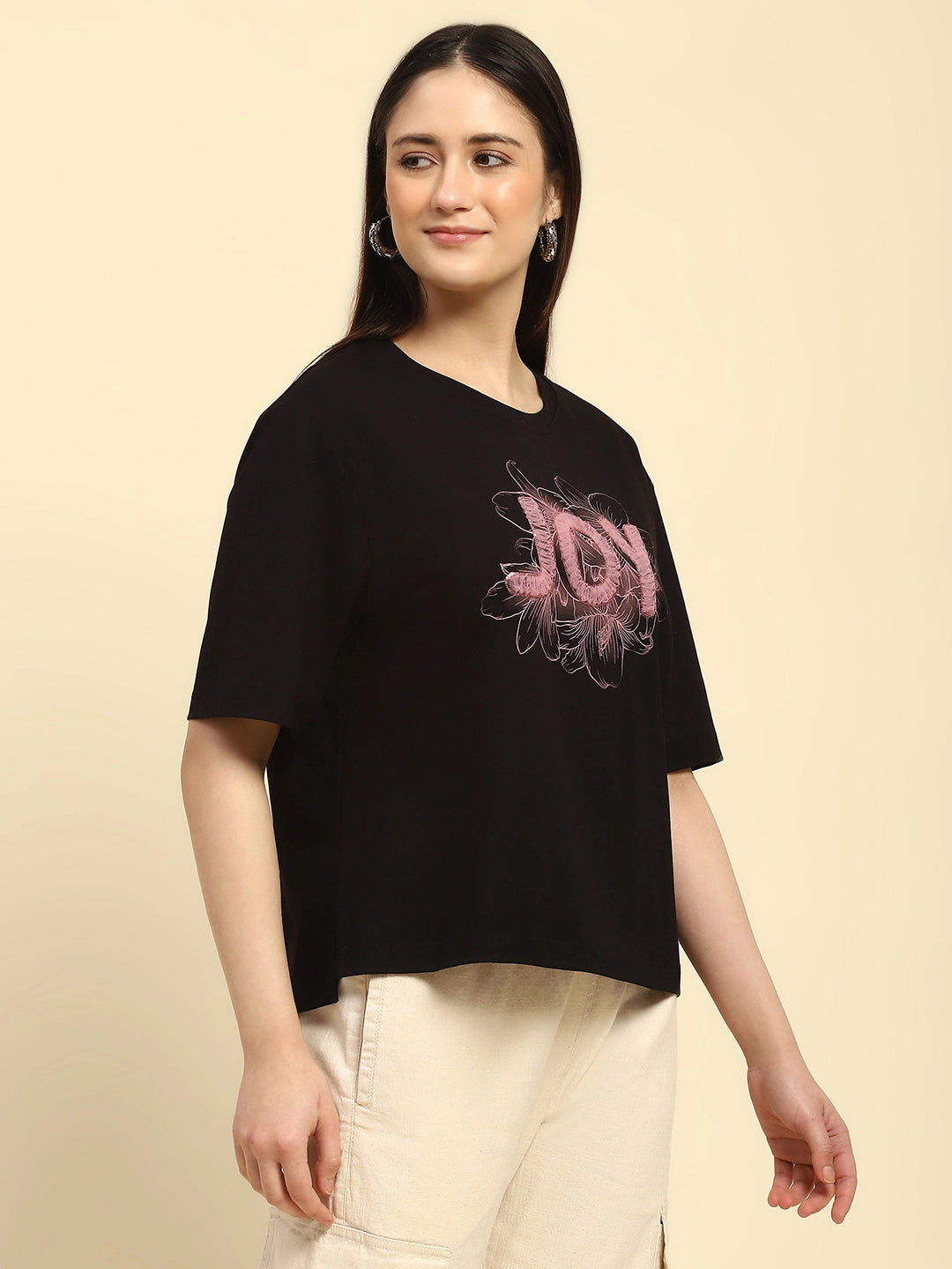 Black Embroidered Cotton Boxy Fit Top