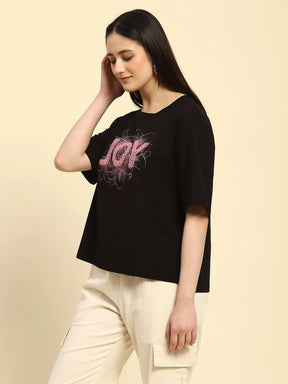 Black Embroidered Cotton Boxy Fit Top