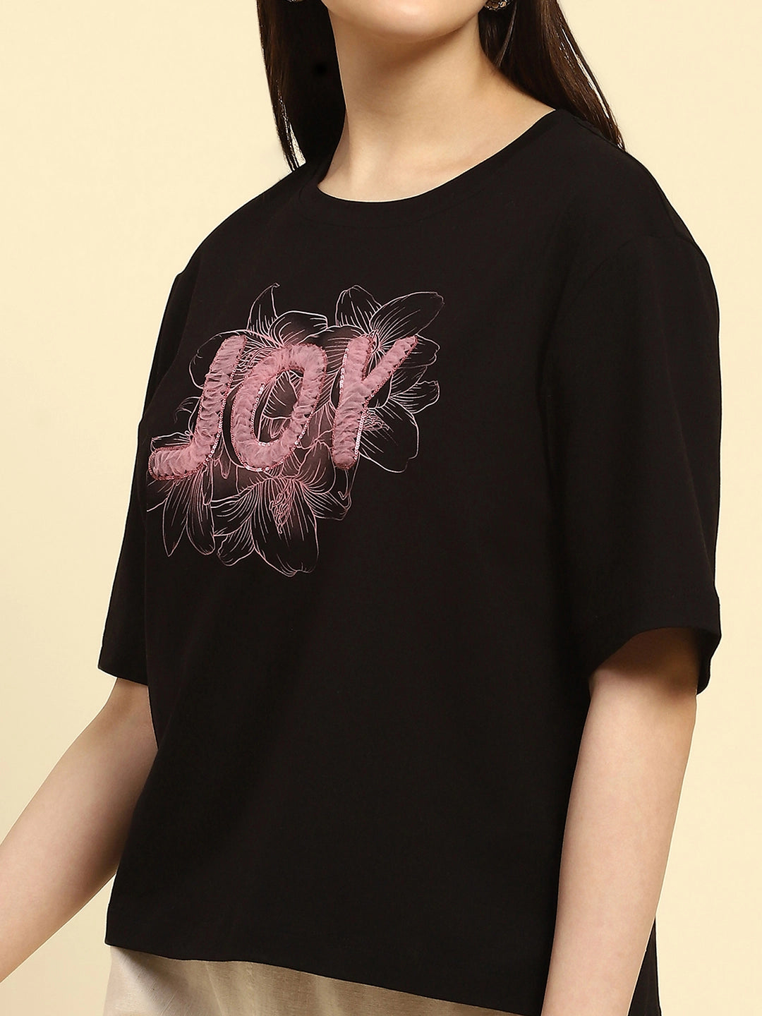 Black Embroidered Cotton Boxy Fit Top