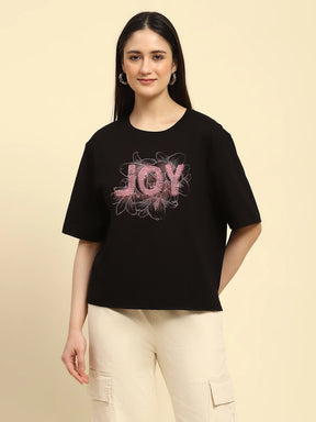 Black Embroidered Cotton Boxy Fit Top