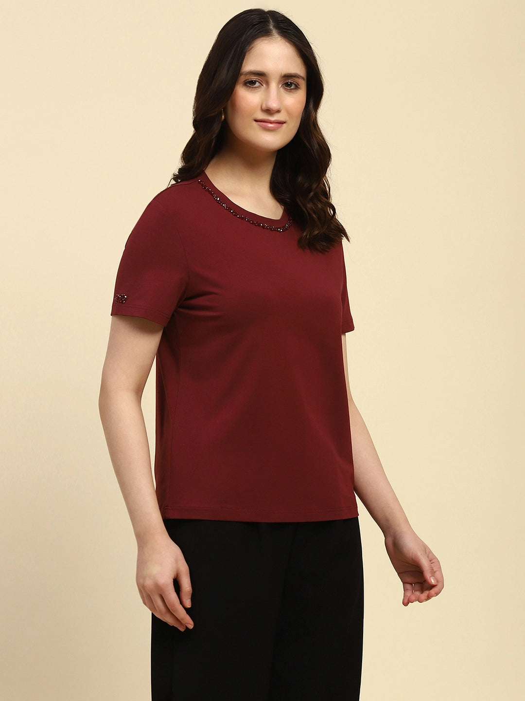 Wine Embroidered Cotton Relaxed Fit Top