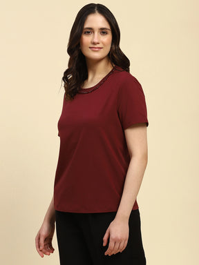 Wine Embroidered Cotton Relaxed Fit Top