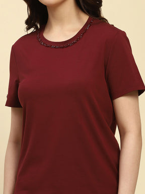 Wine Embroidered Cotton Relaxed Fit Top