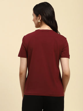 Wine Embroidered Cotton Relaxed Fit Top