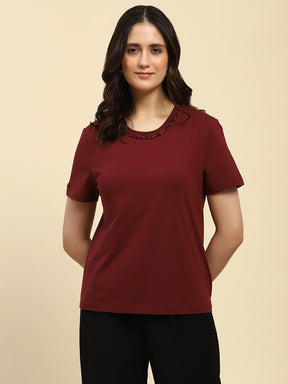 Wine Embroidered Cotton Relaxed Fit Top