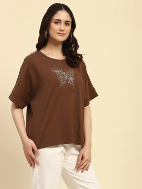 Brown Zari Embroidery Cotton Boxy Fit Top