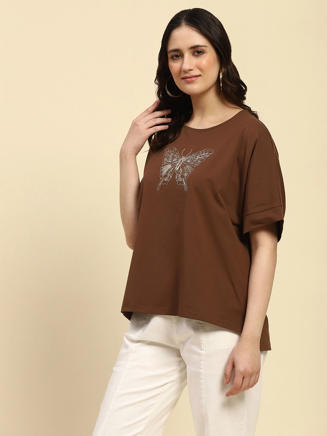 Brown Zari Embroidery Cotton Boxy Fit Top