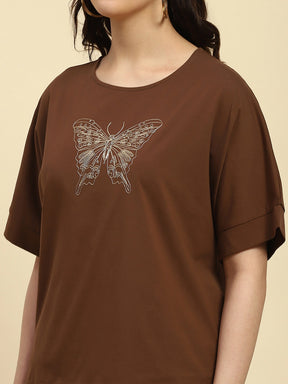 Brown Zari Embroidery Cotton Boxy Fit Top