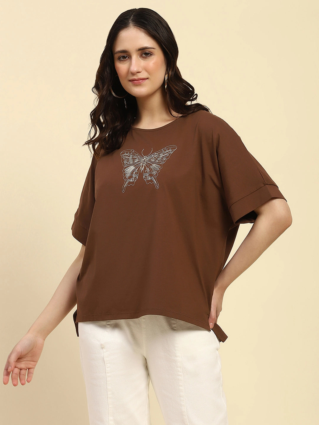 Brown Zari Embroidery Cotton Boxy Fit Top